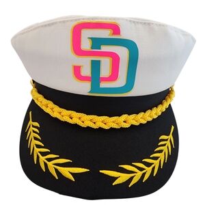 White & Black Kids Captain Hat with Pink and Teal SD Logo